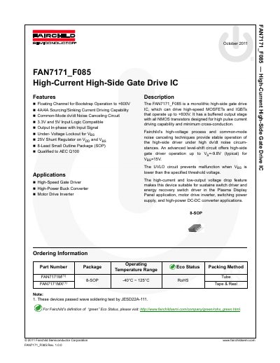 Fairchild Semiconductor FAN7171_F085 High-Current High-Side Gate Drive IC Datasheet - cover page