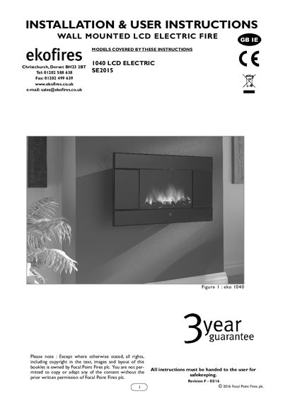 Focal Point Fires Eko 1040 LCD Electric Fire Installation & User Manual - cover page