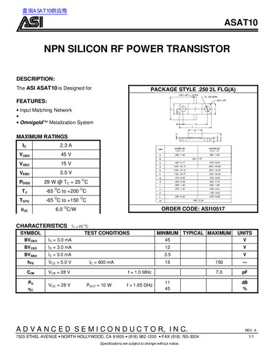 ASI ASAT10 NPN Silicon RF Power Transistor Datasheet - cover page