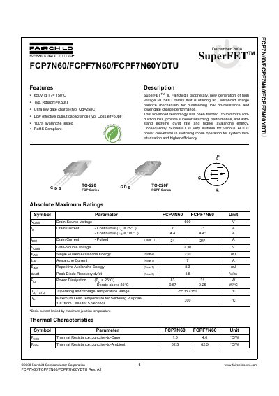 Fairchild Semiconductor FCP7N60/FCPF7N60/FCPF7N60YD SuperFET Datasheet