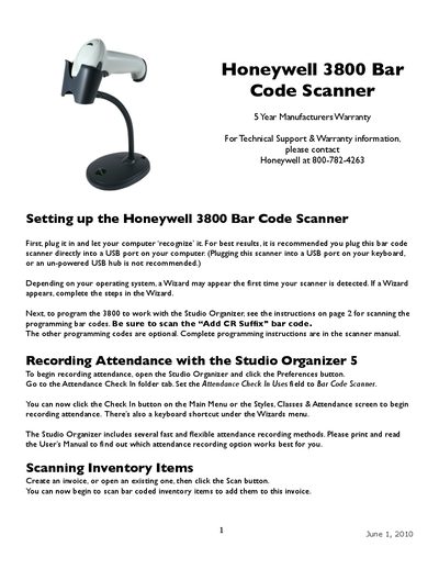 Honeywell 3800 Bar Code Scanner User Manual - cover page