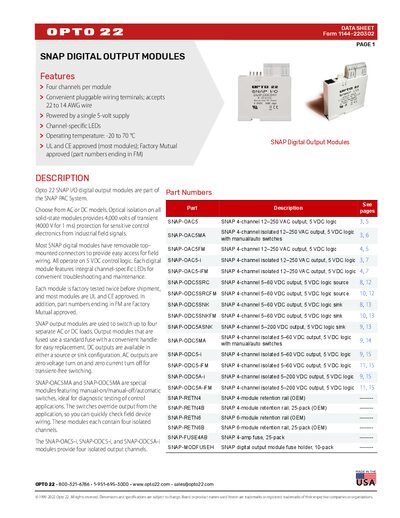Opto 22 SNAP Digital Output Modules Data Sheet - cover page