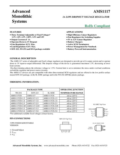 Advanced Monolithic Systems AMS1117 Low Dropout Voltage Regulator Datasheet - cover page