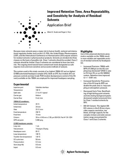 Agilent 7890A Application Brief: Improved Retention Time, Area Repeatability, and Sensitivity for Analysis of Residual S - cover page