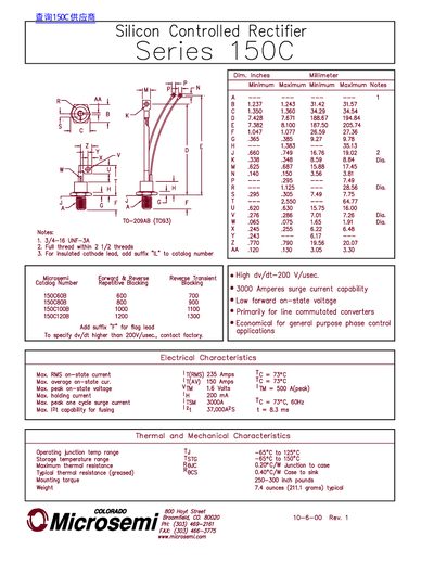 Microsemi Series 150C Silicon Controlled Rectifier Datasheet - cover page