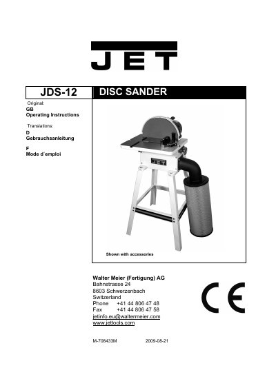 JET JDS-12 Disc Sander Operating Instructions