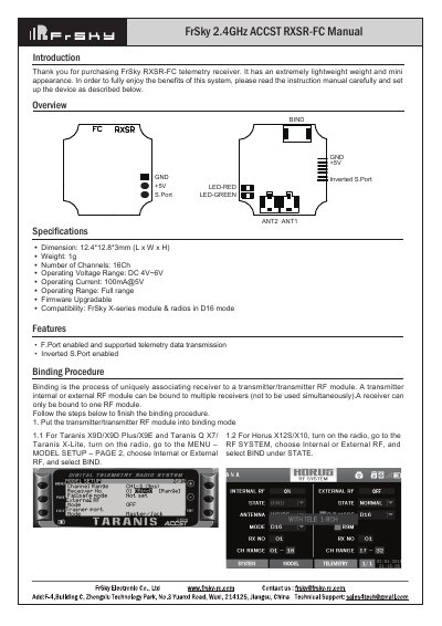 FrSky RXSR-FC 2.4GHz ACCST Telemetry Receiver User Manual - cover page