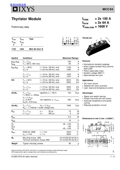 IXYS MCC60 Thyristor Module Preliminary Data Sheet - cover page