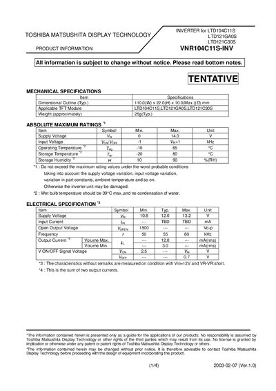 Toshiba VNR104C11S-INV Inverter Product Information - cover page