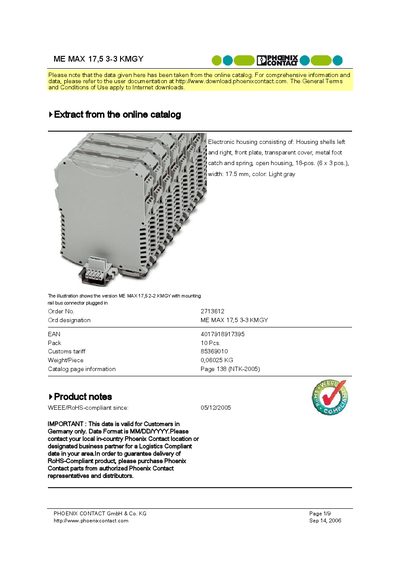 Phoenix Contact ME MAX 17.5 3-3 KMGY Product Leaflet