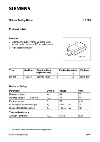 Siemens BB 835 Silicon Tuning Diode Handbook - cover page