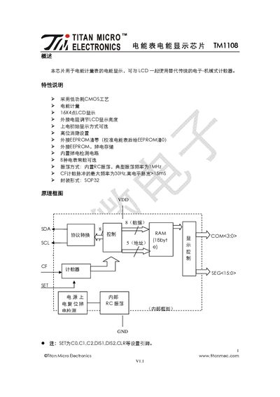 Titan TM1108 Energy Meter Display Chip Datasheet - cover page