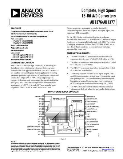 Analog Devices AD1376/AD1377 16-Bit A/D Converter Datasheet - cover page