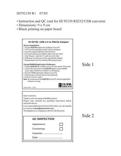 HANNA IST92150 R1 07/05 Instruction Manual - cover page
