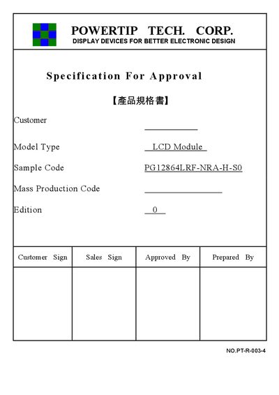 POWERTIP CORP PG12864LRF-NRA-H-S0 LCD Module products Selection Guide - cover page