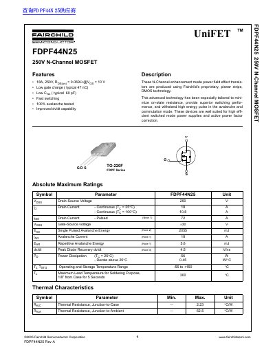 Fairchild FDPF44N25 N-Channel MOSFET Datasheet