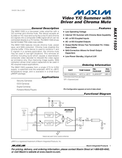 Maxim MAX11503 Video Y/C Summer with Driver and Chroma Mute Datasheet - cover page
