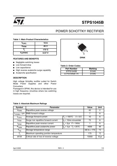 STMicroelectronics STPS1045B Datasheet - cover page
