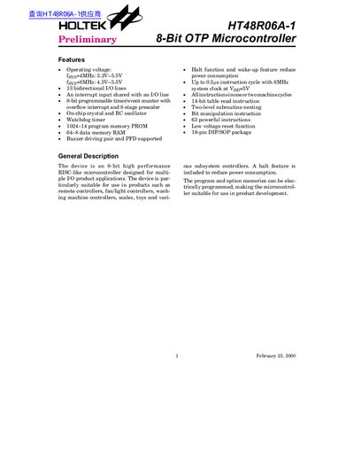 Holtek HT48R06A-1 8-Bit OTP Microcontroller Datasheet - cover page
