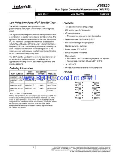 Intersil X95820 Dual Digital Controlled Potentiometer Datasheet - cover page