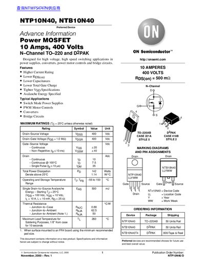 ON Semiconductor NTP10N40 NTB10N40 handbook - cover page