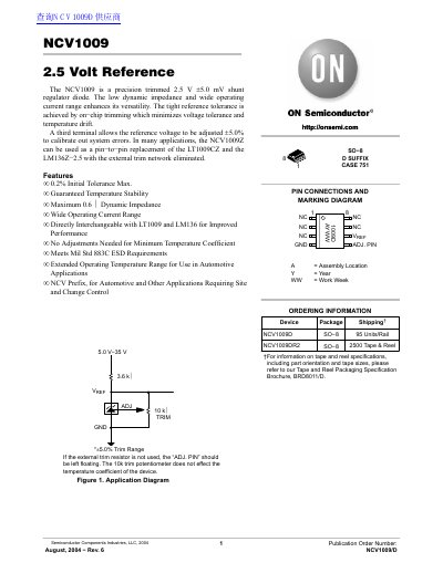 ON Semiconductor NCV1009 2.5 Volt Reference Datasheet