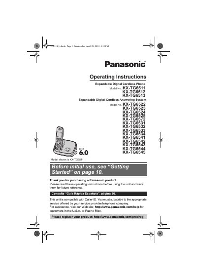Panasonic KX-TG6511/KX-TG6512/KX-TG6513/KX-TG6522/KX-TG6523/KX-TG6524/KX-TG6525/KX-TG6572/KX-TG6531/KX-TG6532/KX-TG6533/KX-TG6534/KX-TG6541/KX-TG6542/KX-TG6543/KX-TG6544/KX-TG6545 Manual