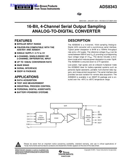 Texas Instruments ADS8343 16-Bit ADC Datasheet - cover page