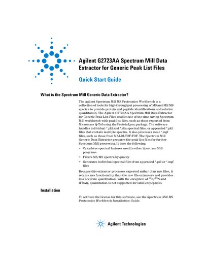 Agilent G2723AA Spectrum Mill Data Extractor for Generic Peak List Files user guide - cover page