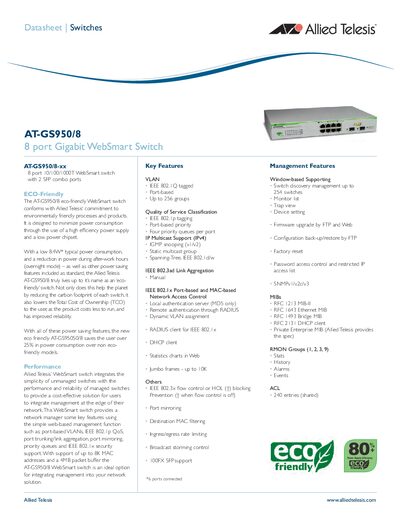 Allied Telesis AT-GS950/8 8 Port Gigabit WebSmart Switch Datasheet - cover page