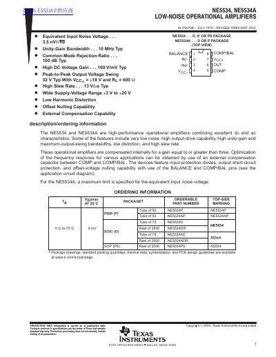 Texas Instruments NE5534/NE5534A Low-Noise Operational Amplifiers Datasheet