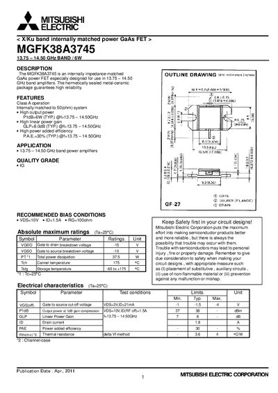 Mitsubishi MGFK38A3745 Power FET Datasheet - cover page