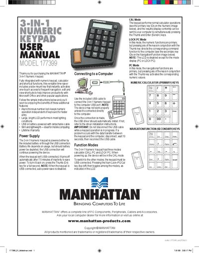 Manhattan 177399 3-in-1 Numeric Keypad User Manual - cover page