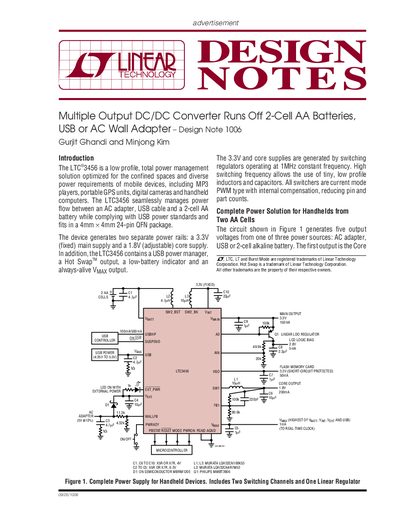 LINEAR Multiple Output DC/DC Converter Runs Off 2-Cell AA Batteries USB or AC Wall Adapter Design Note 1006 handbook - cover page