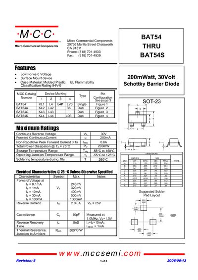 Micro Commercial Components BAT54 Series Schottky Diode Datasheet - cover page