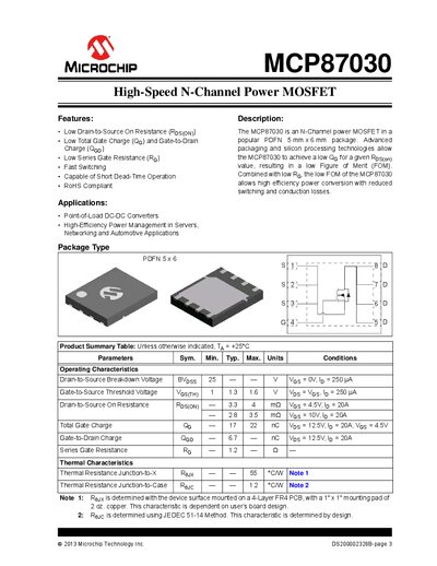 Microchip MCP87030 Power MOSFET Datasheet - cover page