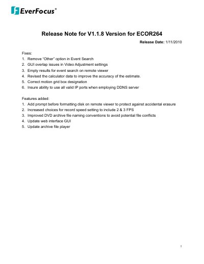 EverFocus ECOR264 Release Note V1.1.8 - cover page