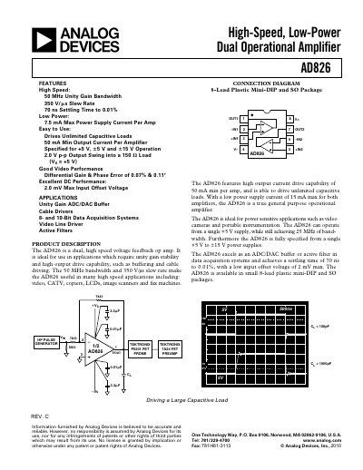 Analog Devices AD826 High-Speed Low-Power Dual Operational Amplifier Handbook - cover page