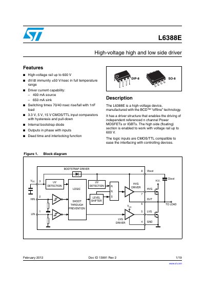STMicroelectronics L6388E High-voltage High and Low Side Driver Datasheet