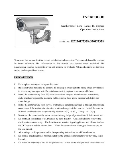 EverFocus EZ230E/235E/330E/335E Weatherproof Long Range IR Camera Operation Instructions