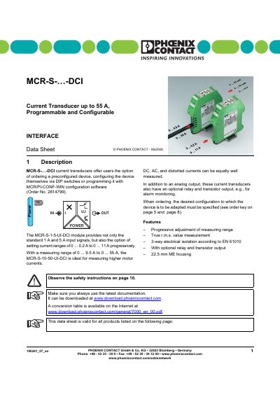 Phoenix Contact MCR‑S Series DCI Current Transducer Data Sheet - cover page