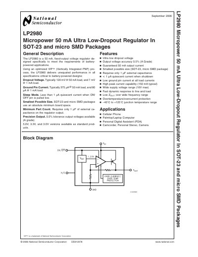 National Semiconductor LP2980 Micropower 50 mA Ultra Low-Dropout Regulator Datasheet - cover page