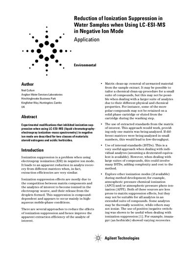 Agilent Reduction of Ionization Suppression in Water Samples LC-ESI-MS Application Note - cover page