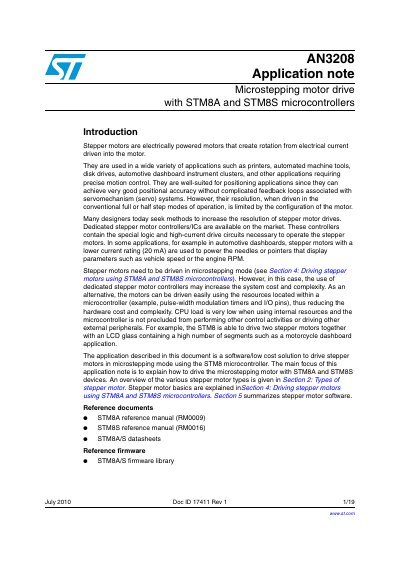 STMicroelectronics AN3208 Microstepping Motor Drive Application Note for STM8A/STM8S