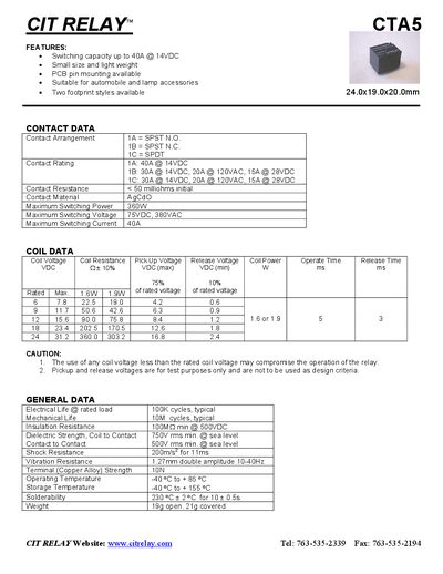 CIT CTA5 Relay Datasheet - cover page