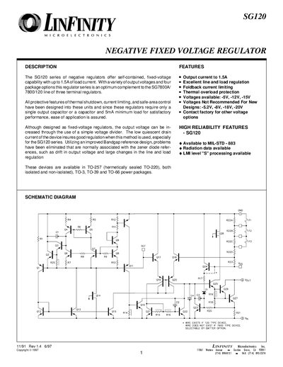 Linfinity SG120 Negative Fixed Voltage Regulator Datasheet - cover page