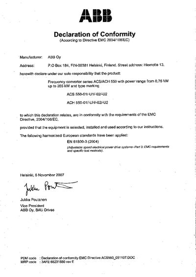ABB Declarations of Conformity EMC 89/336/EEC for ACS550-01 Manual - cover page