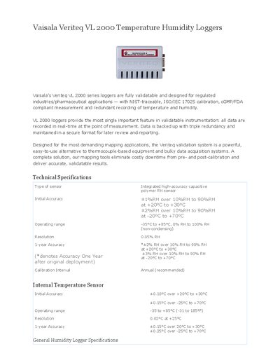 Vaisala VL 2000 and SP 2000 Temperature Humidity Logger Datasheet - cover page