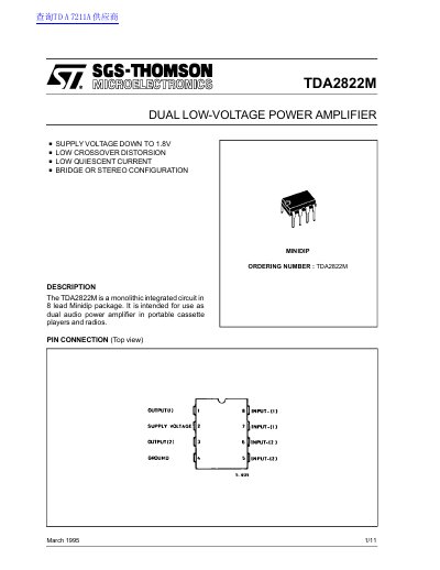 SGS-THOMSON TDA2822M Dual Low-Voltage Power Amplifier Datasheet - cover page