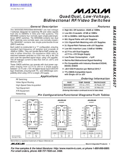 Maxim MAX4565/4566/4567 Quad/Dual Low-Voltage Bidirectional RF/Video Switches Datasheet - cover page